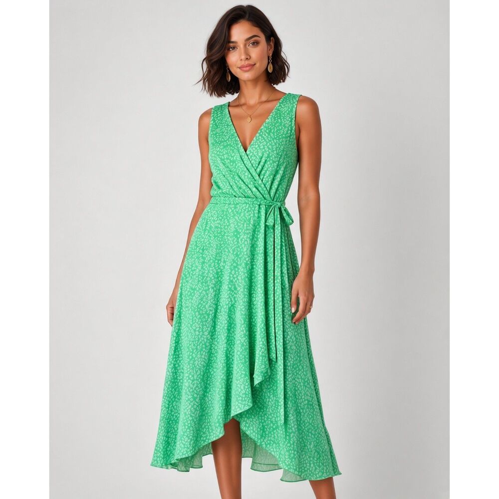 DKNY Womens Green & White Print Chiffon Wrap Midi Dress Sleeveless V-Neck 14 NWT
